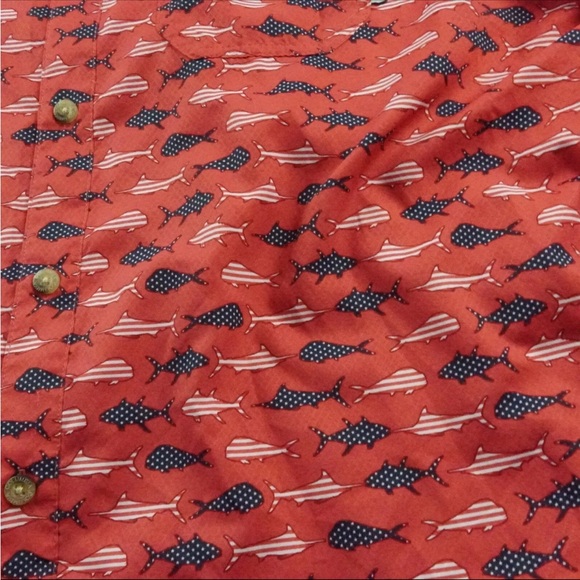 Columbia PFG Button Up Shirt Mens Large Red USA flag Fish Print Vented Fishing - Picture 10 of 12